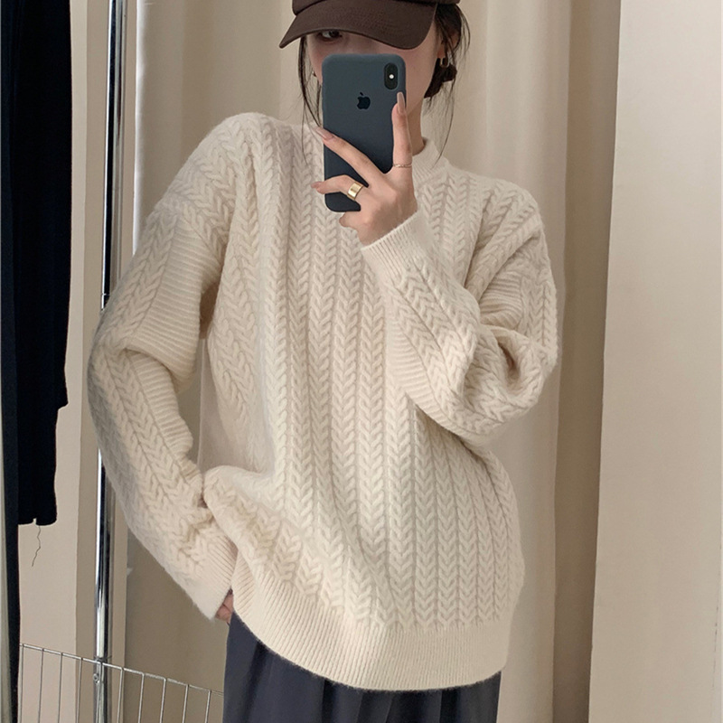 韓版設計版慵懶休閒百搭麻花加厚套頭毛衣