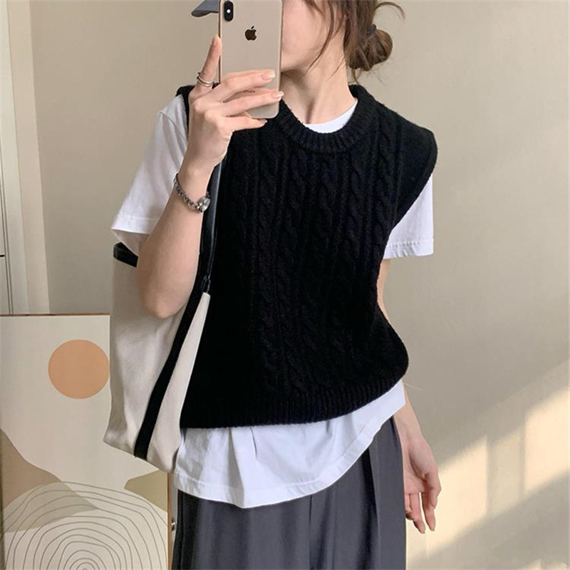 時尚低圓領無袖韓式麻花馬甲