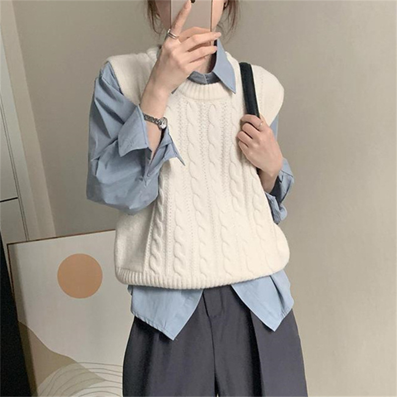 時尚低圓領無袖韓式麻花馬甲