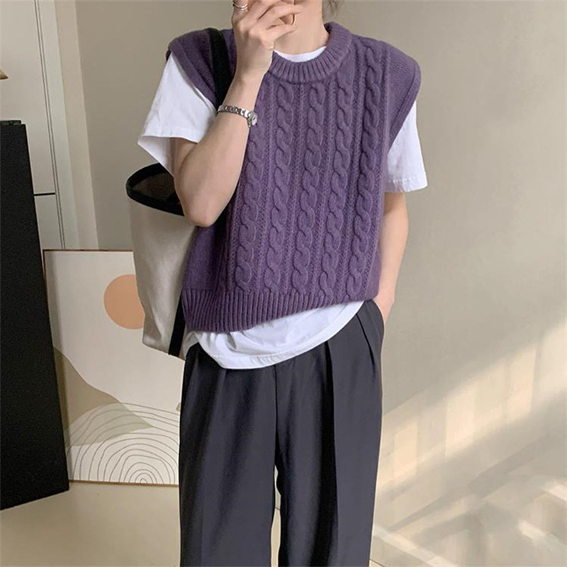 時尚低圓領無袖韓式麻花馬甲