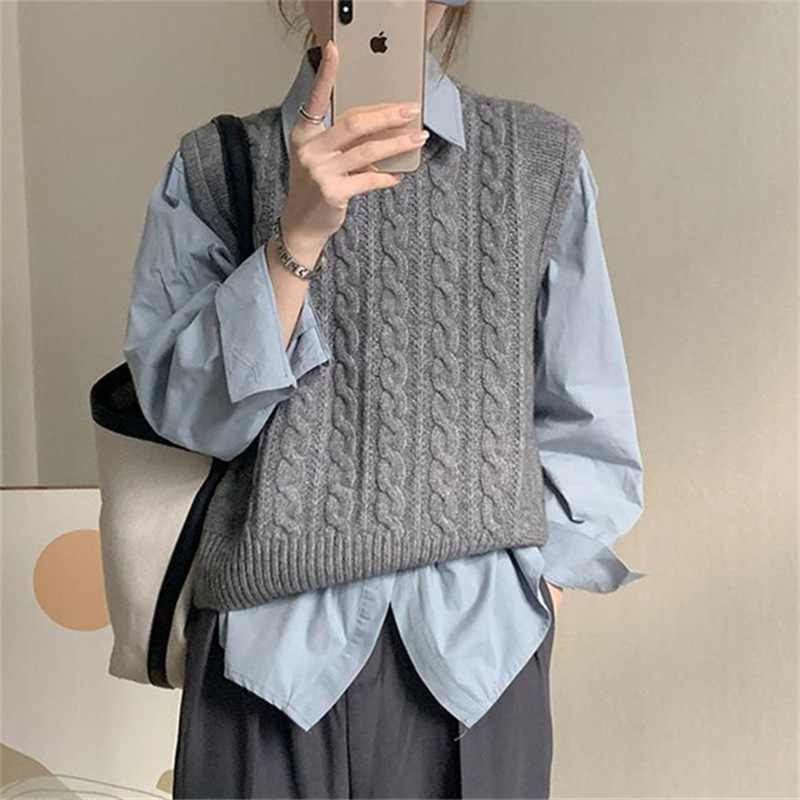 時尚低圓領無袖韓式麻花馬甲