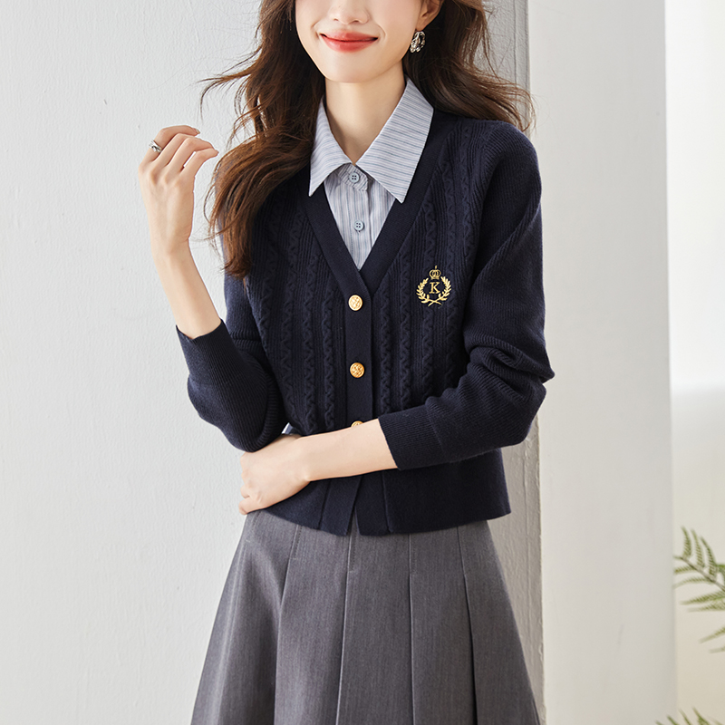 學院風減齡假兩件長袖針織衫上衣