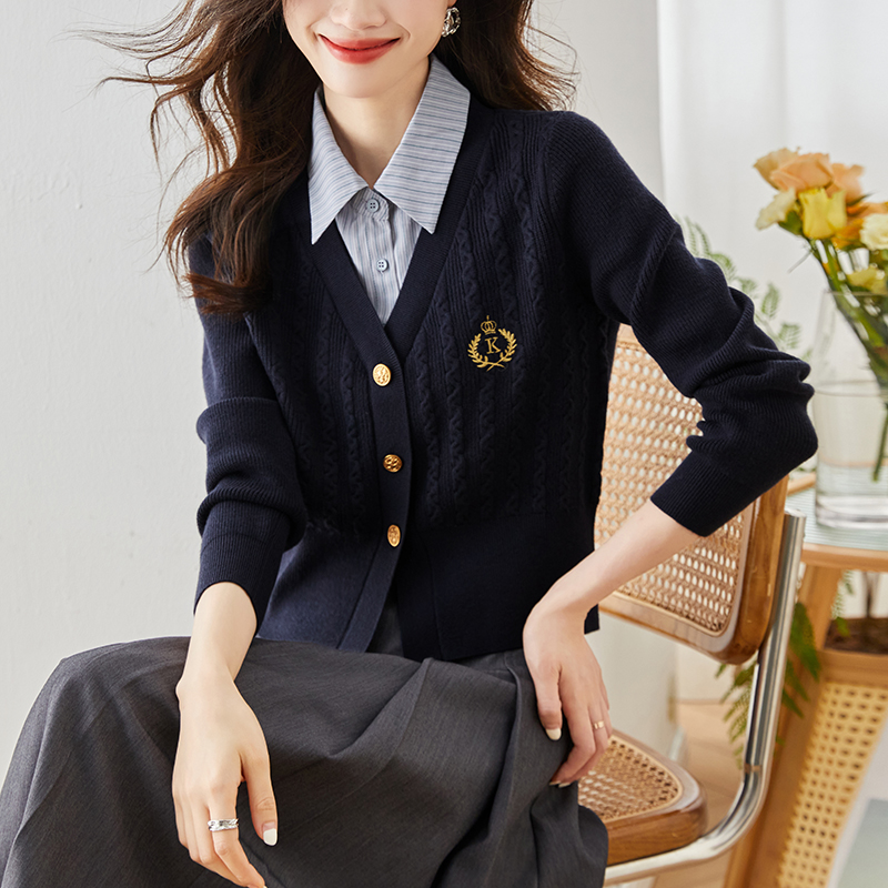 學院風減齡假兩件長袖針織衫上衣