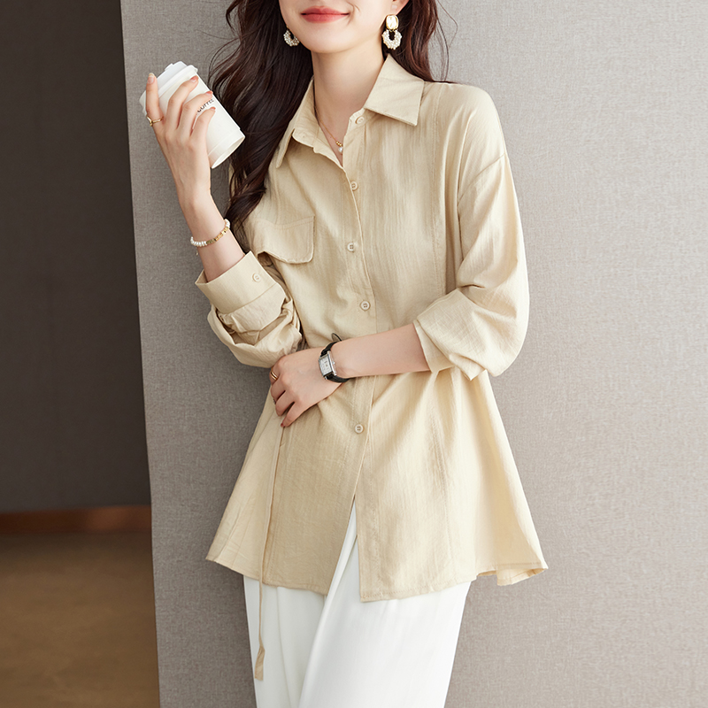 百褶收腰襯衫可調式腰帶通勤襯衣