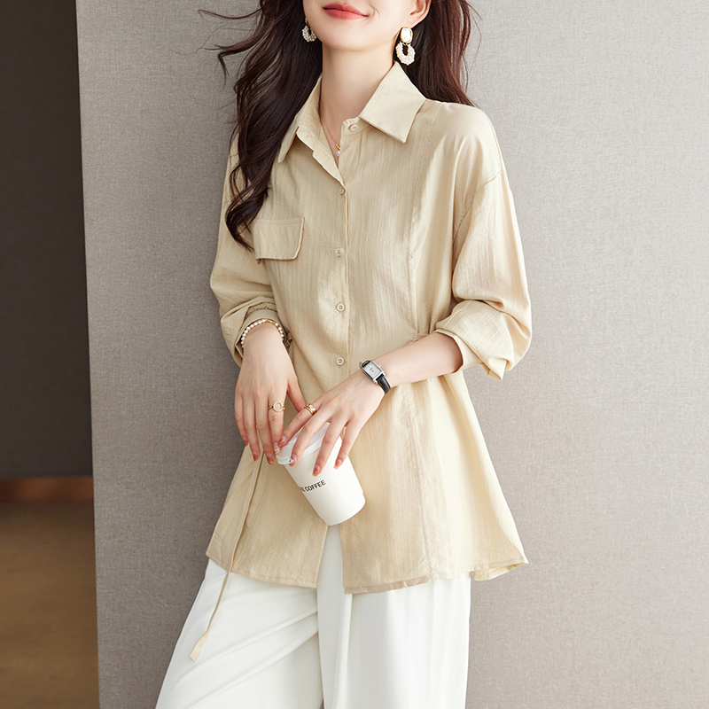 百褶收腰襯衫可調式腰帶通勤襯衣