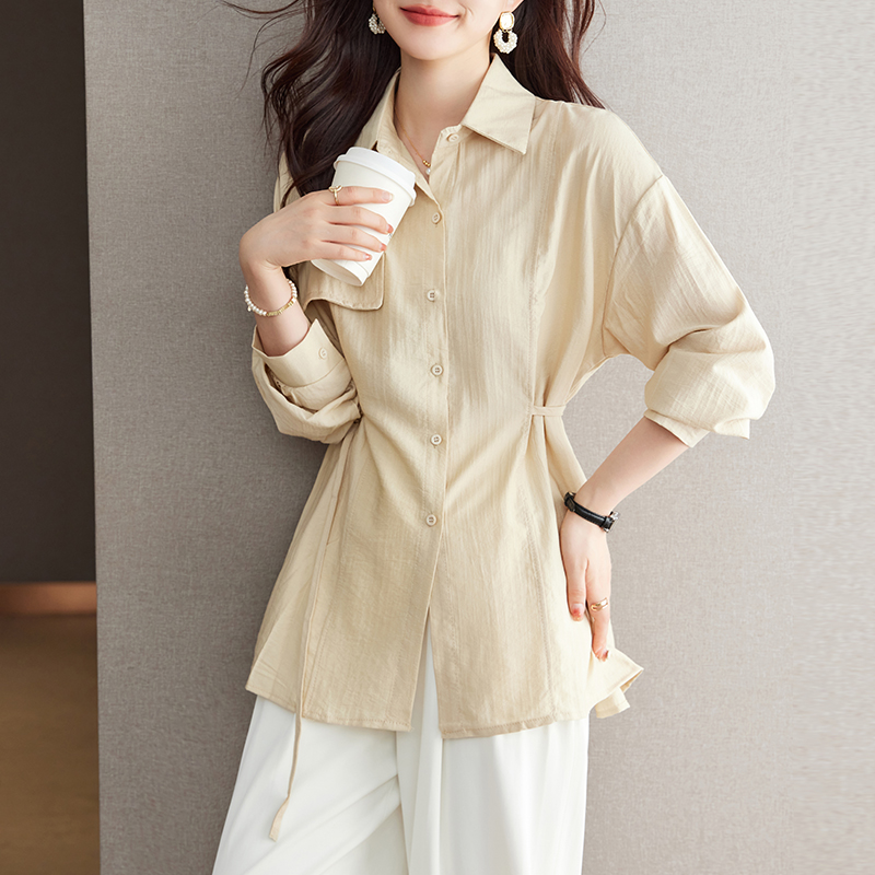 百褶收腰襯衫可調式腰帶通勤襯衣