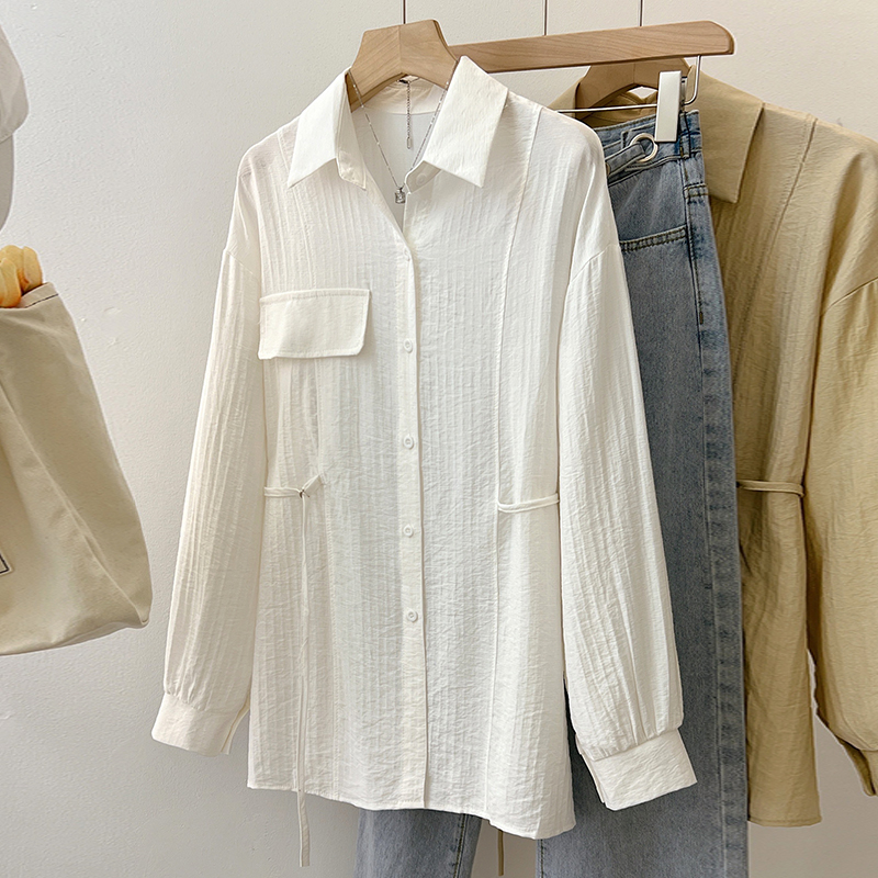 百褶收腰襯衫可調式腰帶通勤襯衣