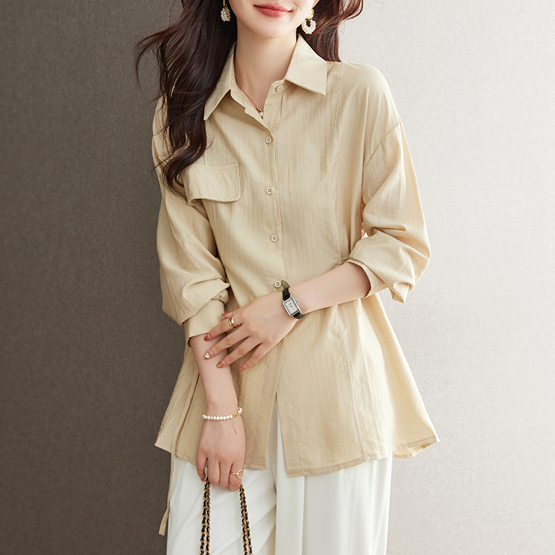 百褶收腰襯衫可調式腰帶通勤襯衣