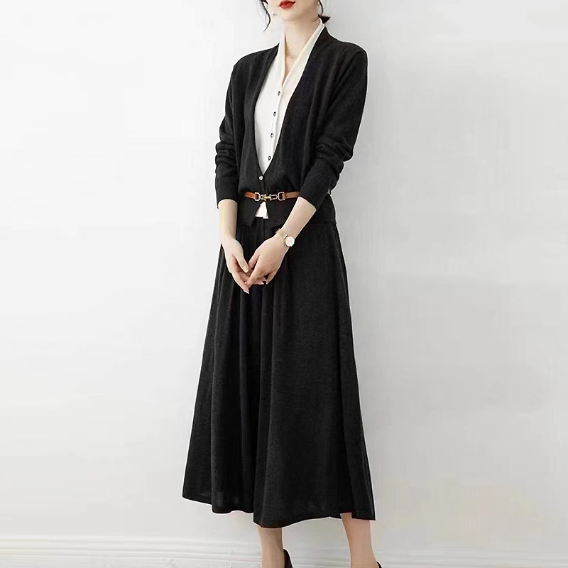 溫柔感混紡假兩件毛衣開襟衫/半裙針織套裝