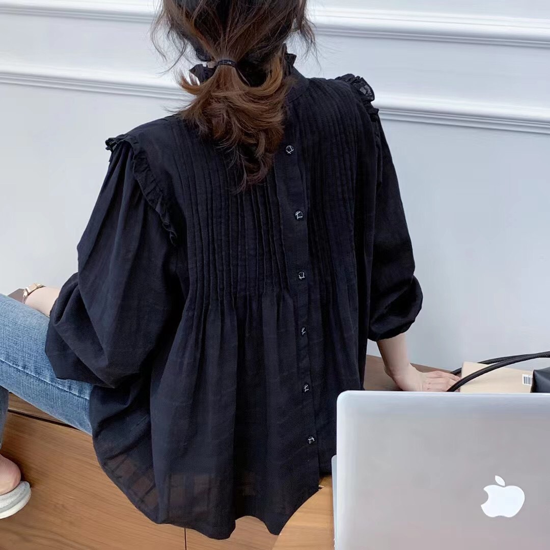 法式小眾後背紐扣娃娃衫