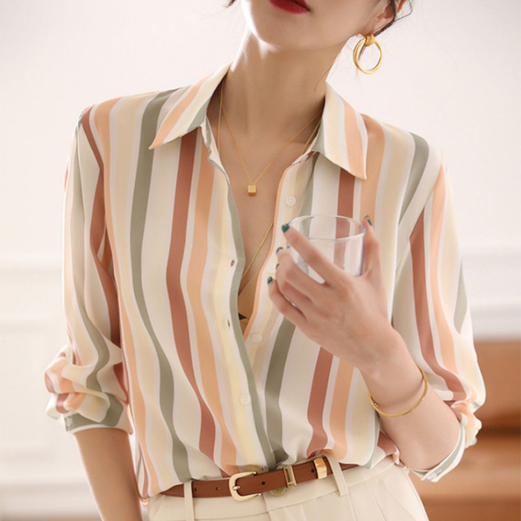 小眾復古條紋顯瘦桑蠶絲襯衣