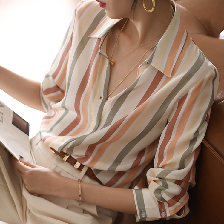 小眾復古條紋顯瘦桑蠶絲襯衣