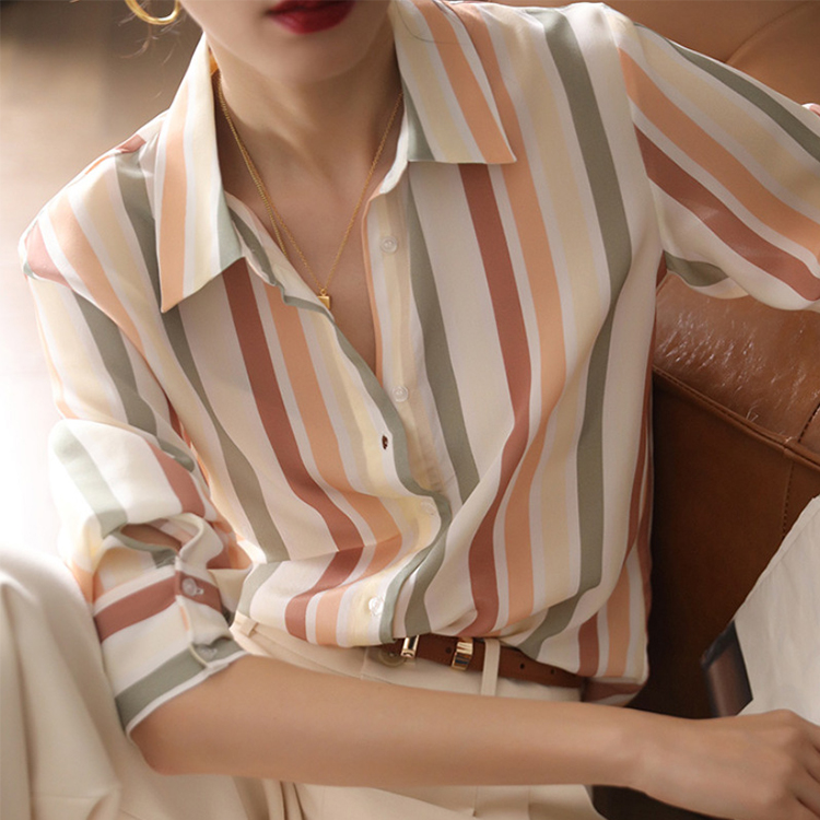 小眾復古條紋顯瘦桑蠶絲襯衣