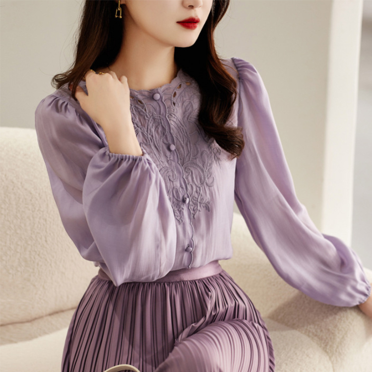 法式優雅風刺繡氣質圓領長袖襯衫