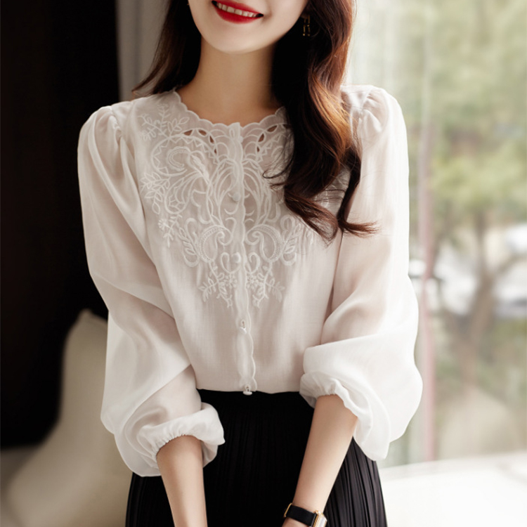 法式優雅風刺繡氣質圓領長袖襯衫