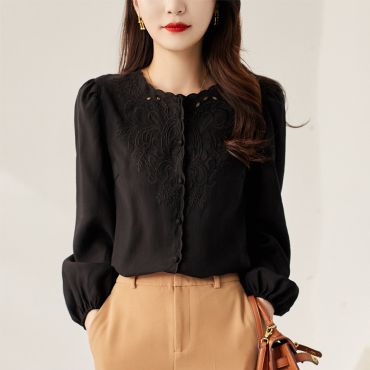法式優雅風刺繡氣質圓領長袖襯衫