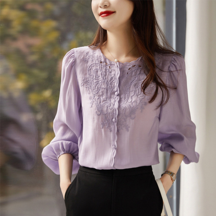 法式優雅風刺繡氣質圓領長袖襯衫