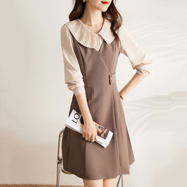 設計感撞色翻領假兩件簡約連衣裙