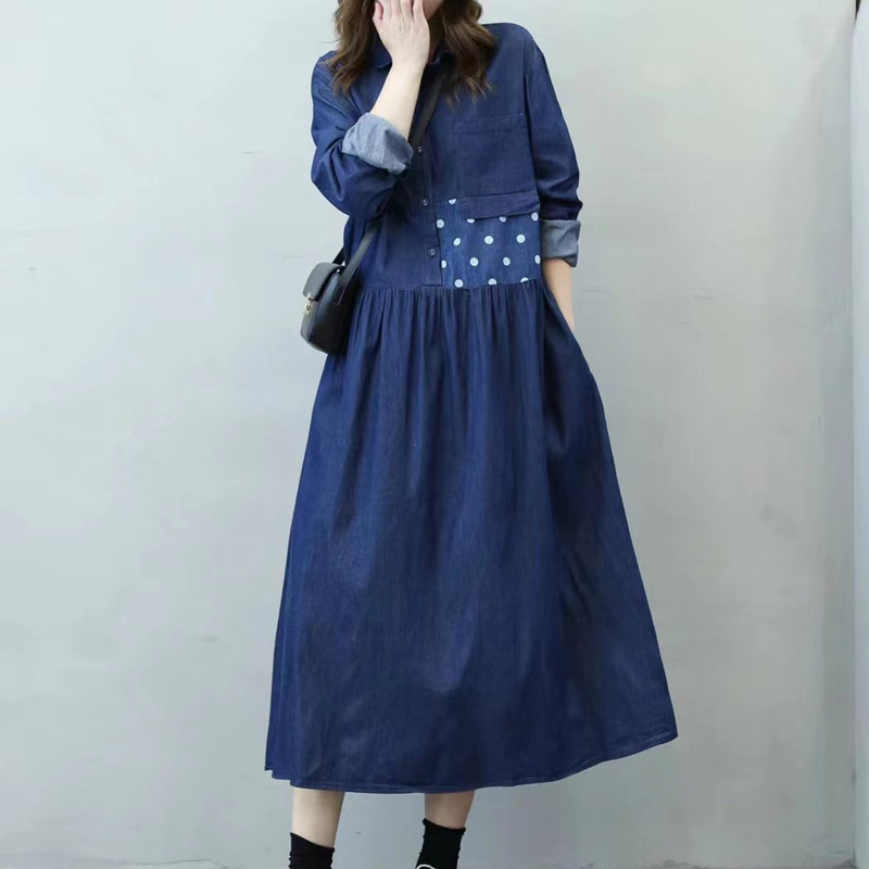 森女係拼接條紋長袖連衣裙