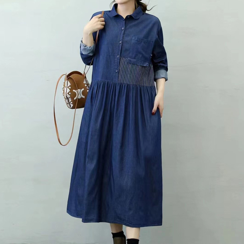 森女係拼接條紋長袖連衣裙