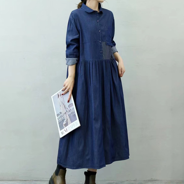 森女係拼接條紋長袖連衣裙