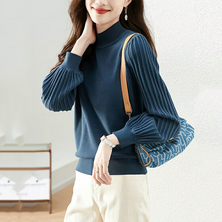 百搭休閒坑條長袖套頭毛衣