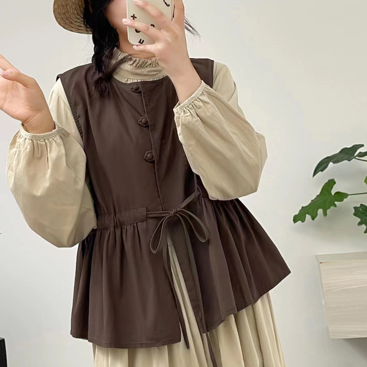 甜係穿搭文藝抽繩繫帶三粒扣馬甲