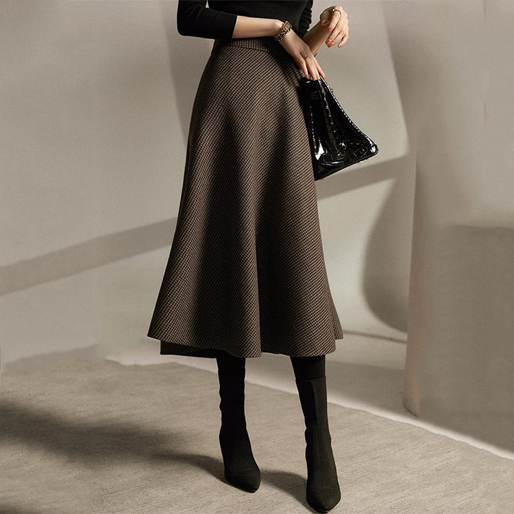 復古千鳥格高腰傘裙