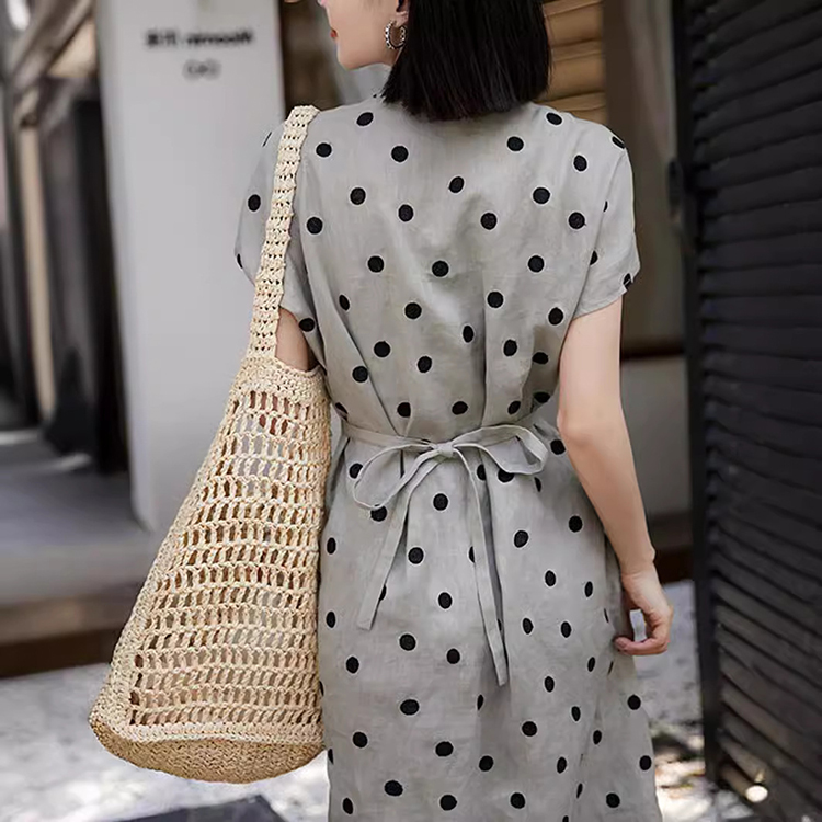 日系藝術復古刺繡波點輕盈感亞麻連身裙