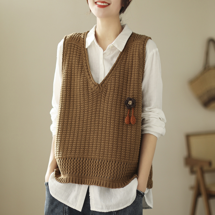 文藝立體刺繡櫻桃掛件U領針織馬甲