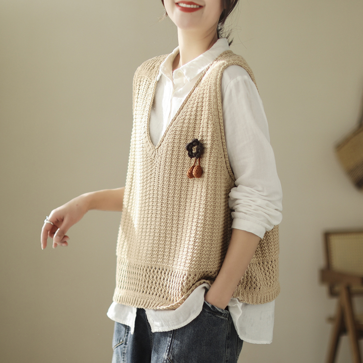 文藝立體刺繡櫻桃掛件U領針織馬甲