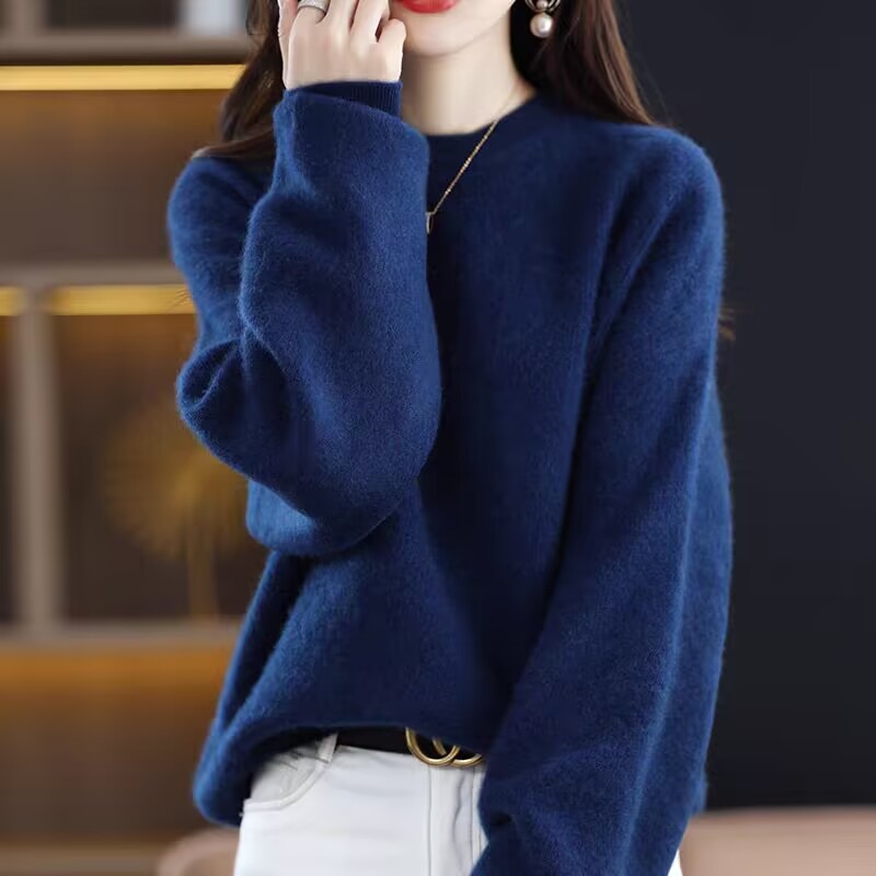 秋冬圓領寬鬆通勤羊絨衫