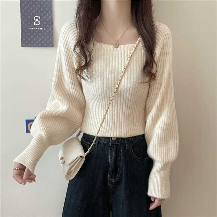 洋氣低領長袖修身套頭針織衫