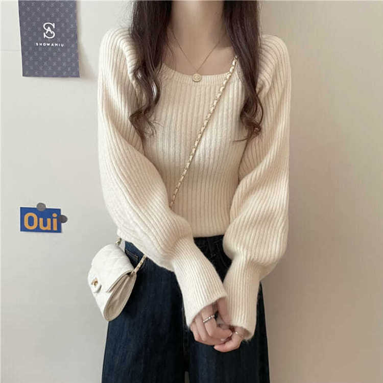 洋氣低領長袖修身套頭針織衫