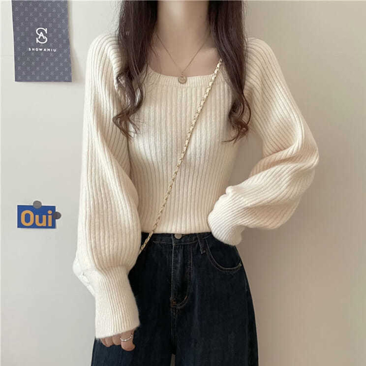 洋氣低領長袖修身套頭針織衫