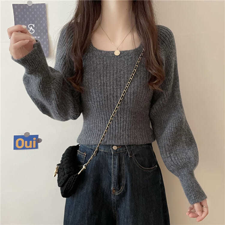 洋氣低領長袖修身套頭針織衫
