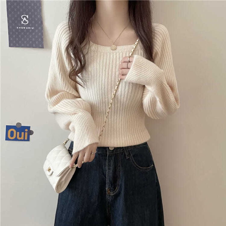 洋氣低領長袖修身套頭針織衫