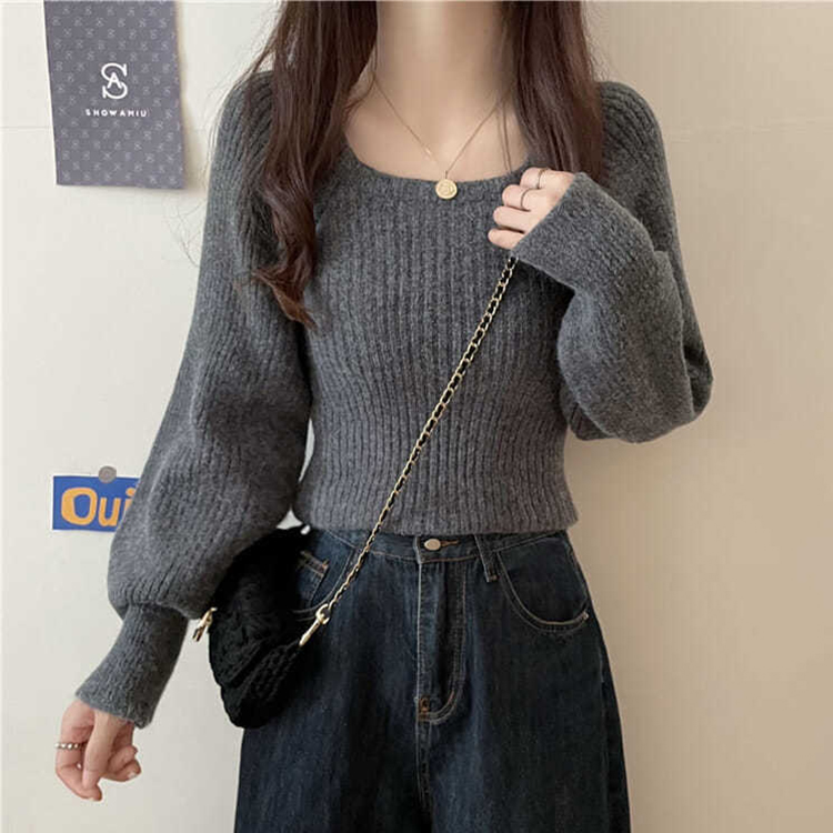 洋氣低領長袖修身套頭針織衫