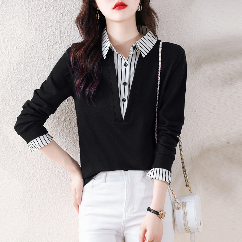 polo領條紋拼接假兩件襯衫