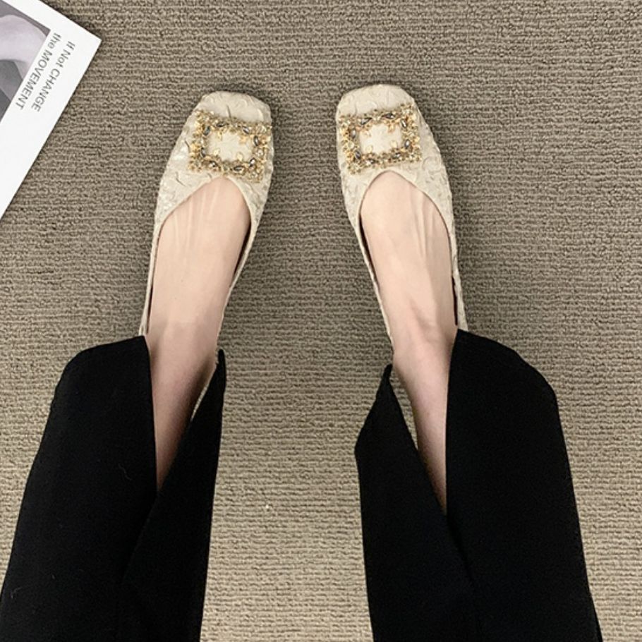 平底一腳蹬方扣淺口褶皺單鞋