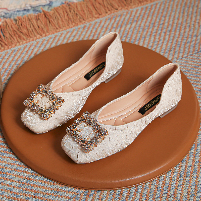 平底一腳蹬方扣淺口褶皺單鞋