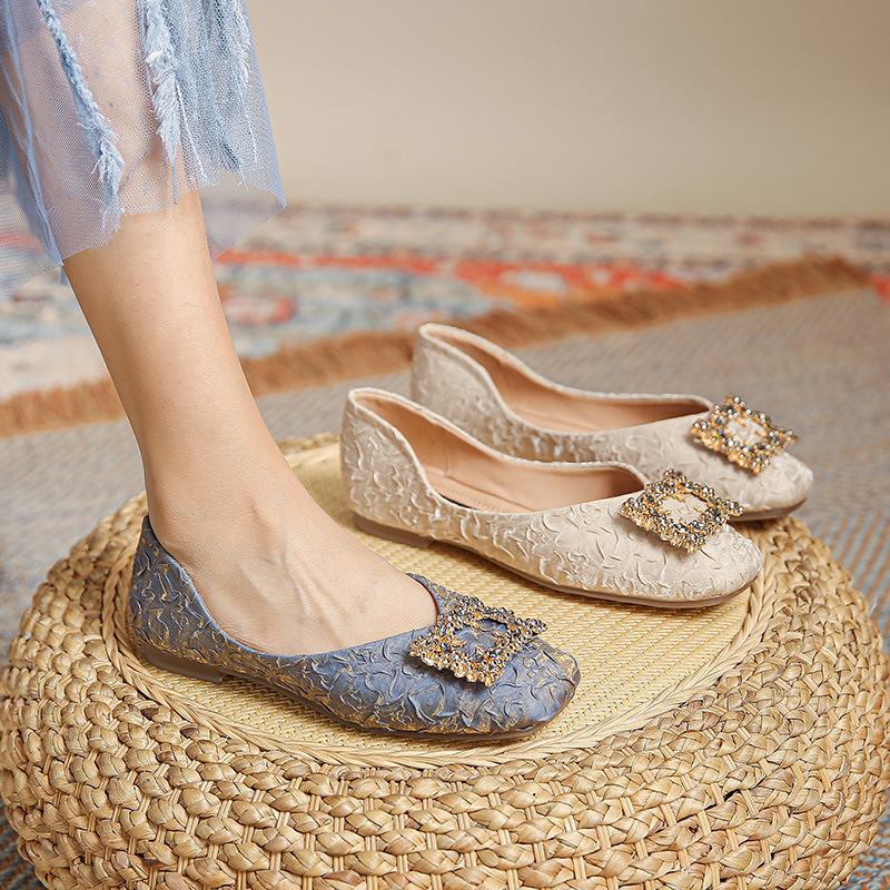 平底一腳蹬方扣淺口褶皺單鞋