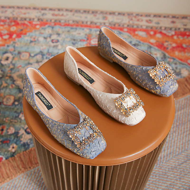 平底一腳蹬方扣淺口褶皺單鞋