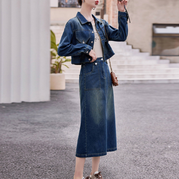牛仔短外套+包臀長裙套裝