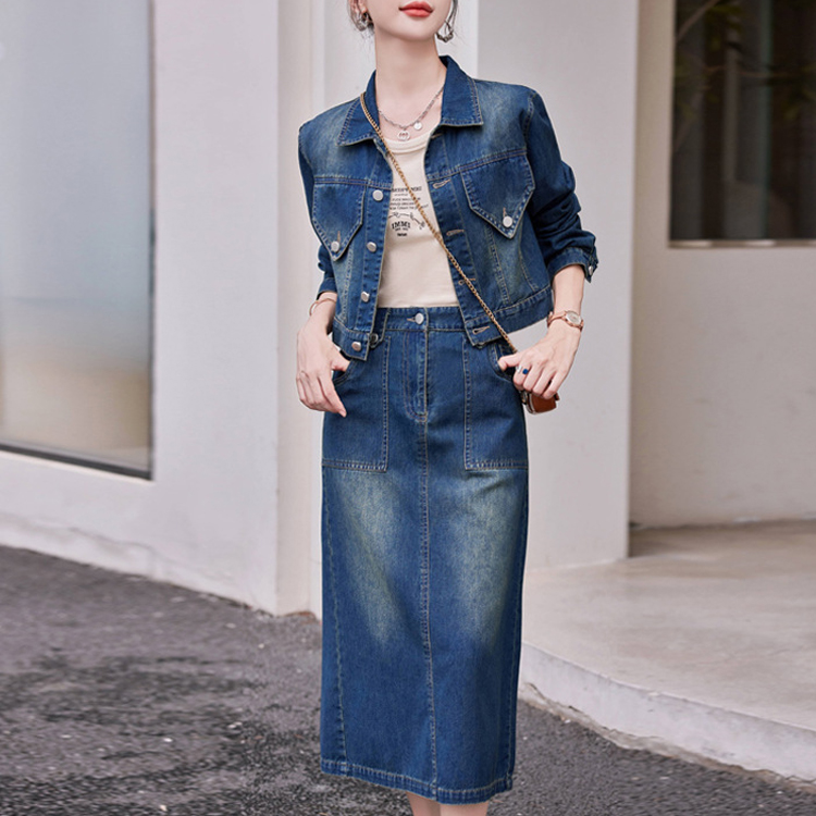 牛仔短外套+包臀長裙套裝