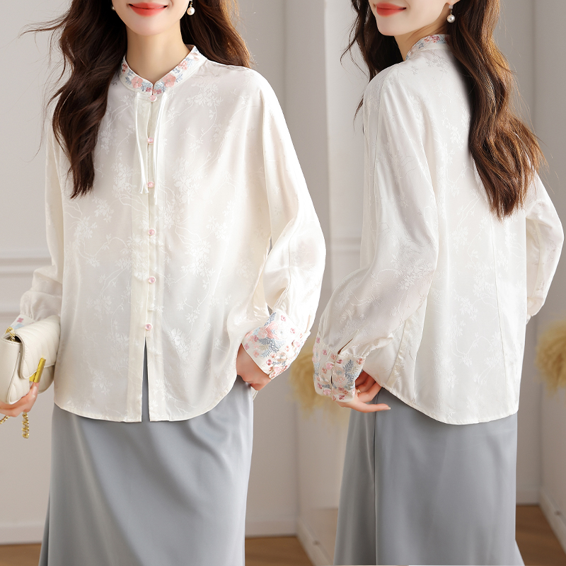 復古刺繡盤扣長袖襯衫