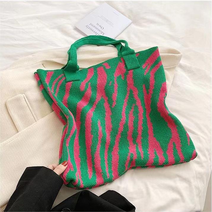 復古條紋針織大容量托特單肩包