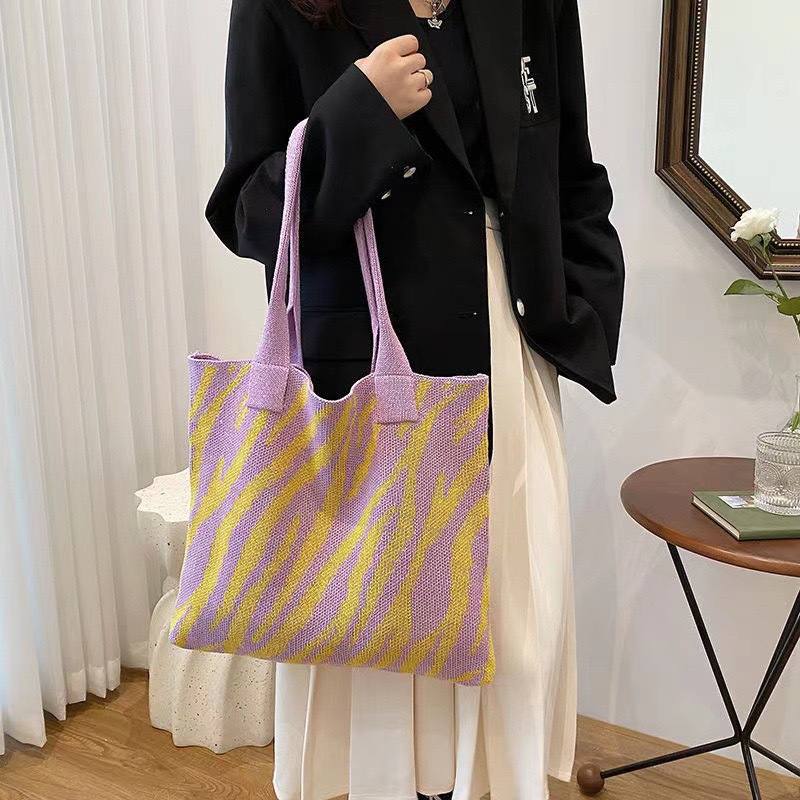 復古條紋針織大容量托特單肩包