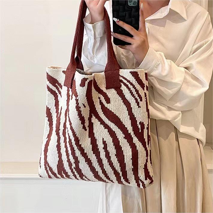 復古條紋針織大容量托特單肩包