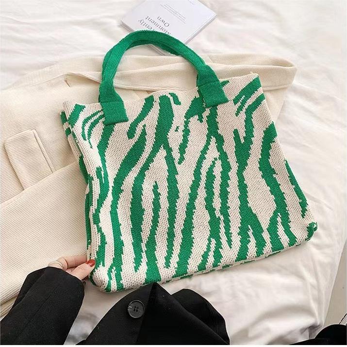 復古條紋針織大容量托特單肩包